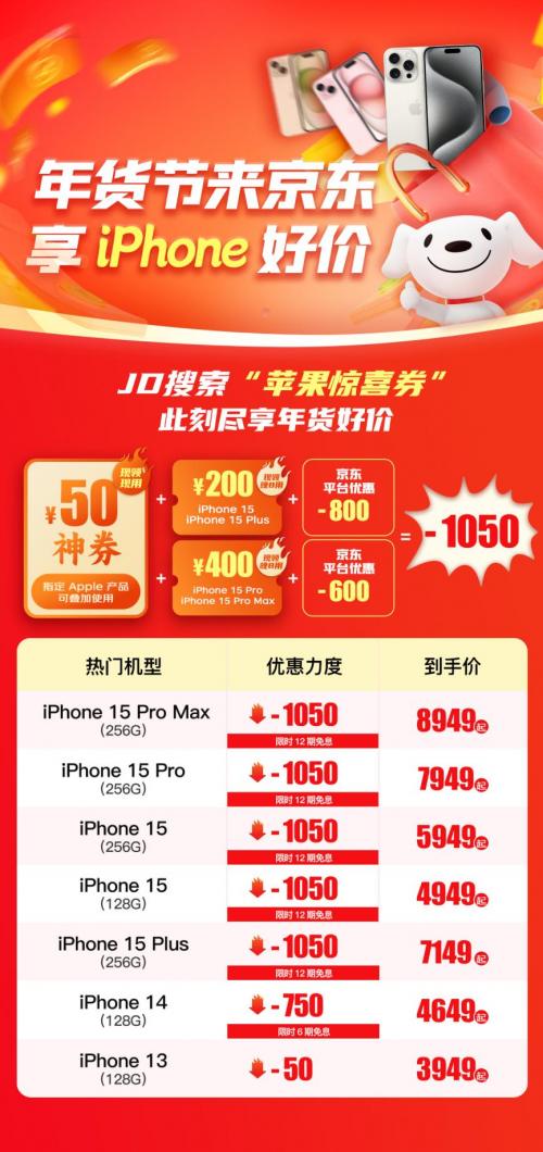 京东iPhone 15 / Pro 全系大降价，立减 1050 元 + 12 期免息